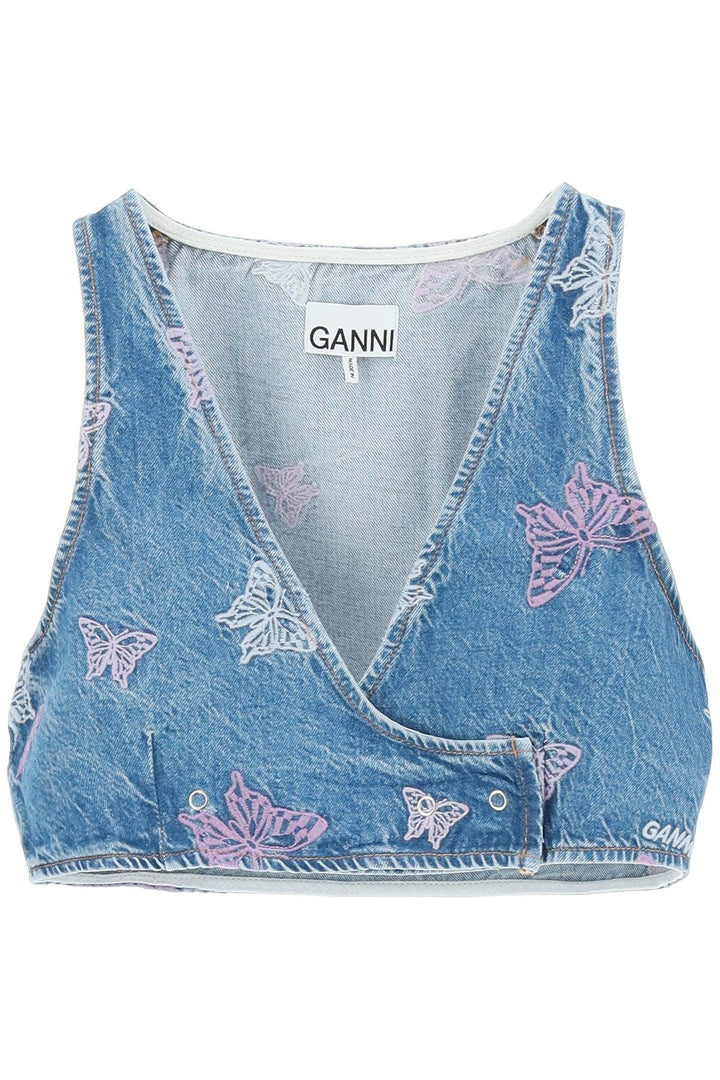 Butterfly Denim Cropped Top - Ganni - Women