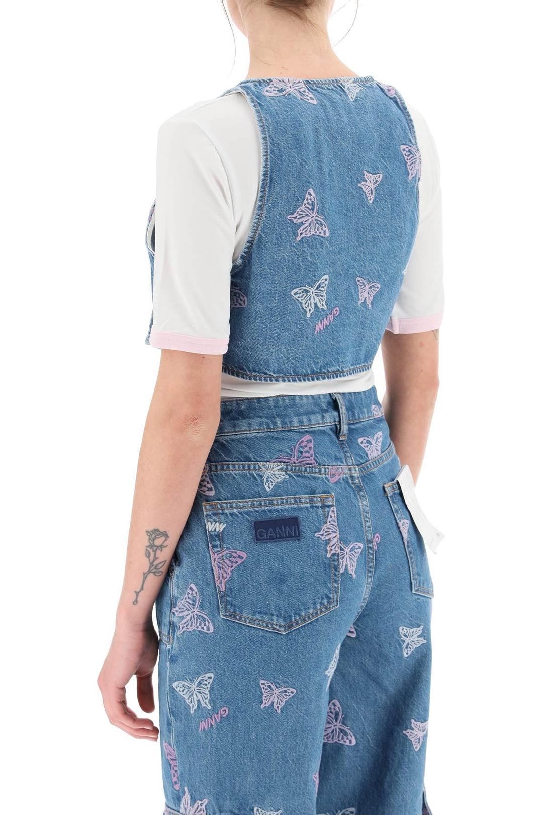 Butterfly Denim Cropped Top - Ganni - Women