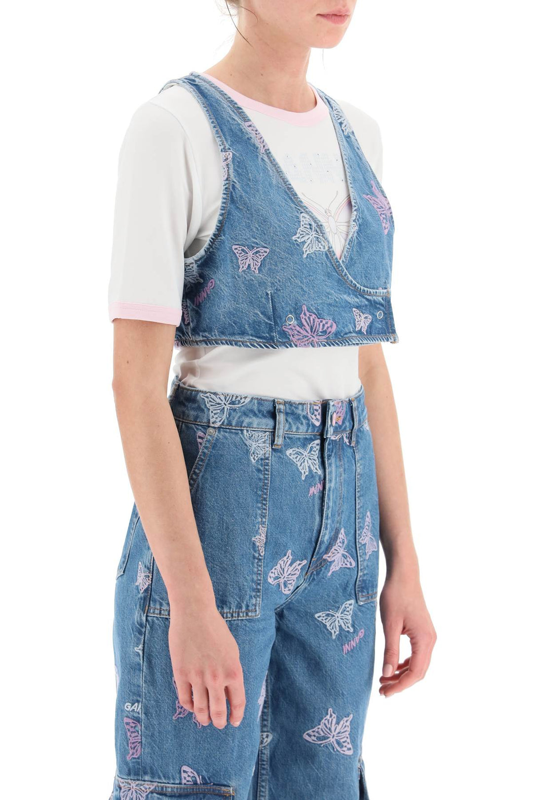 Butterfly Denim Cropped Top - Ganni - Women