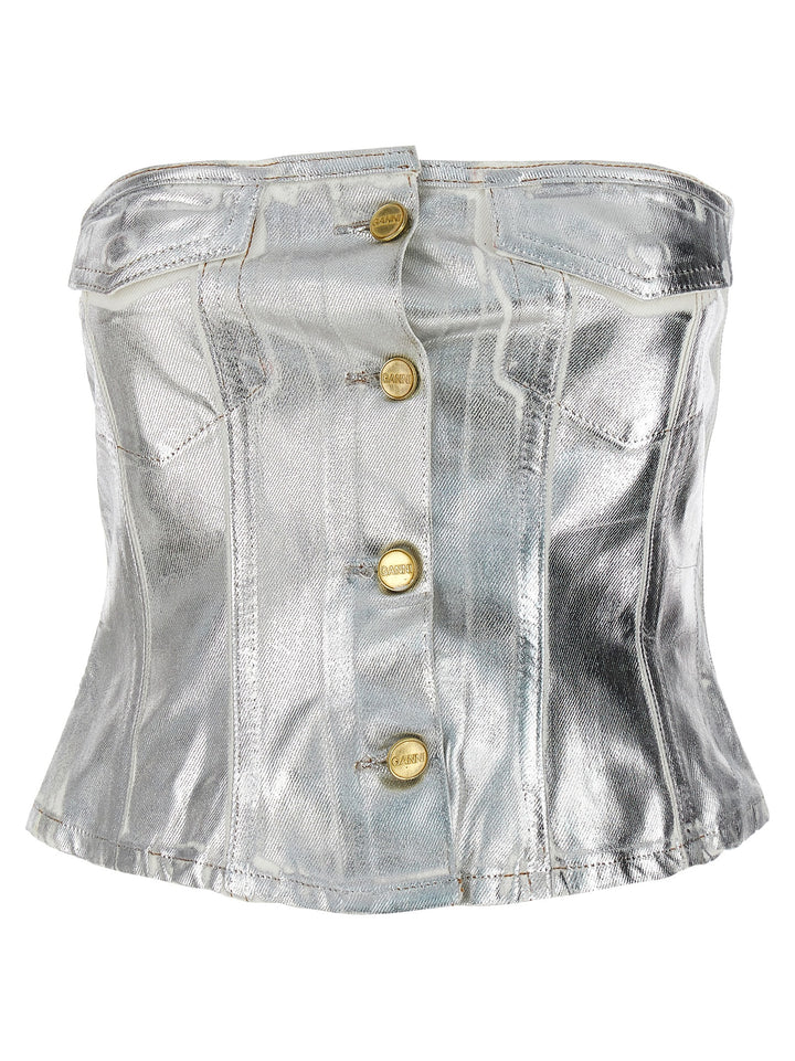 Laminated Denim Bust Tops Silver