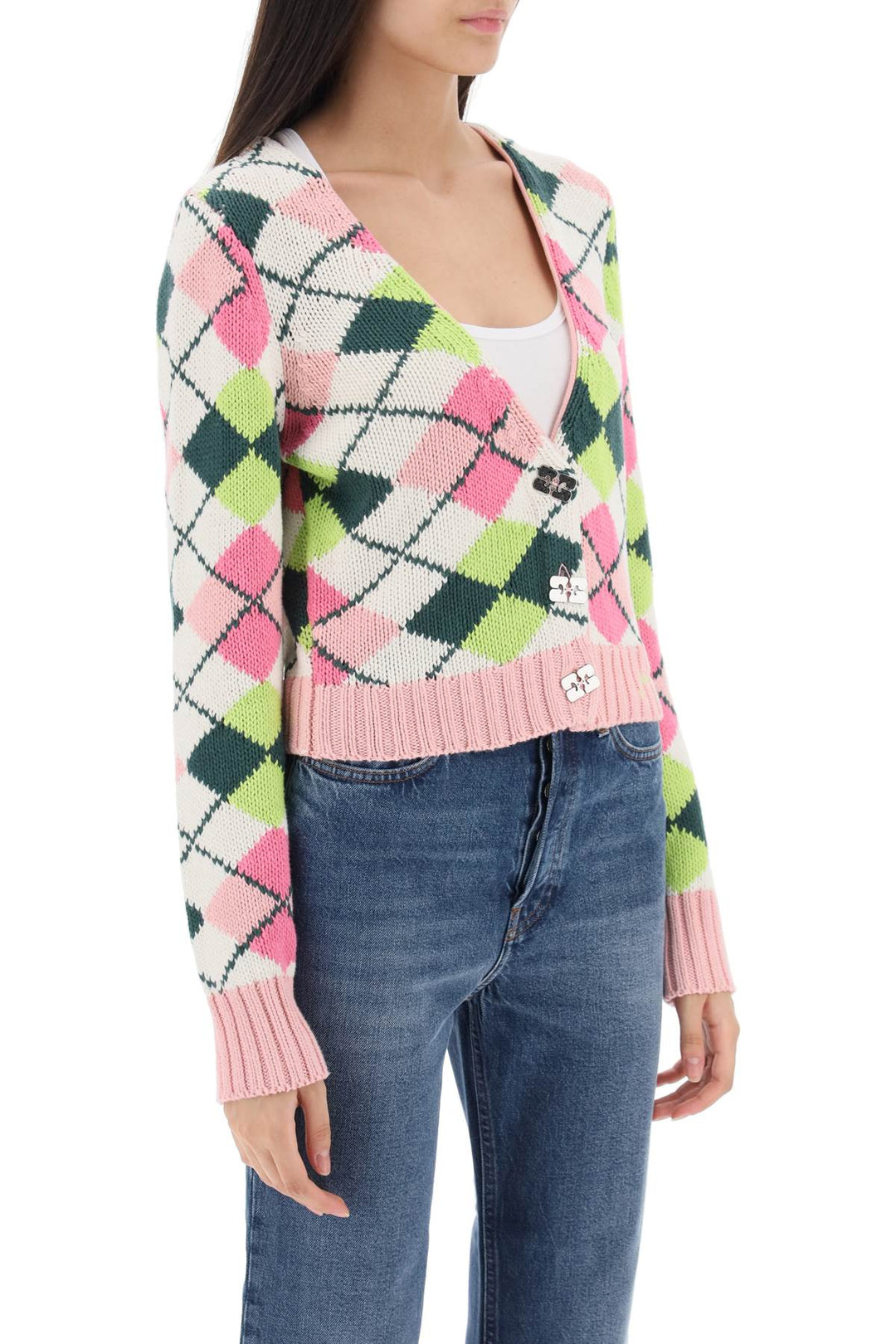 Cropped Cardigan With Lozenge Motif - Ganni - Women