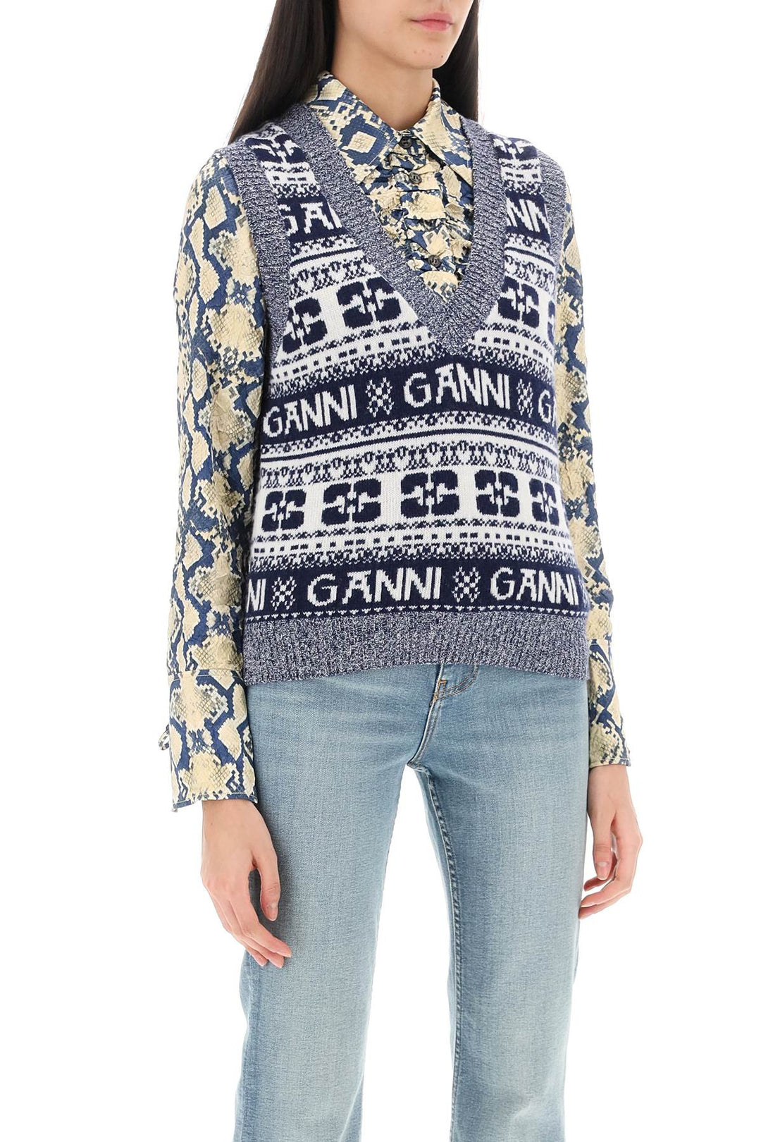 Jacquard Wool Vest With Logo Pattern - Ganni - Women