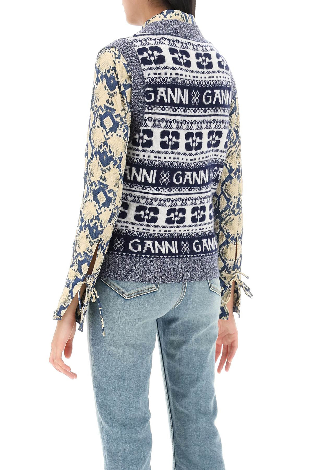 Jacquard Wool Vest With Logo Pattern - Ganni - Women