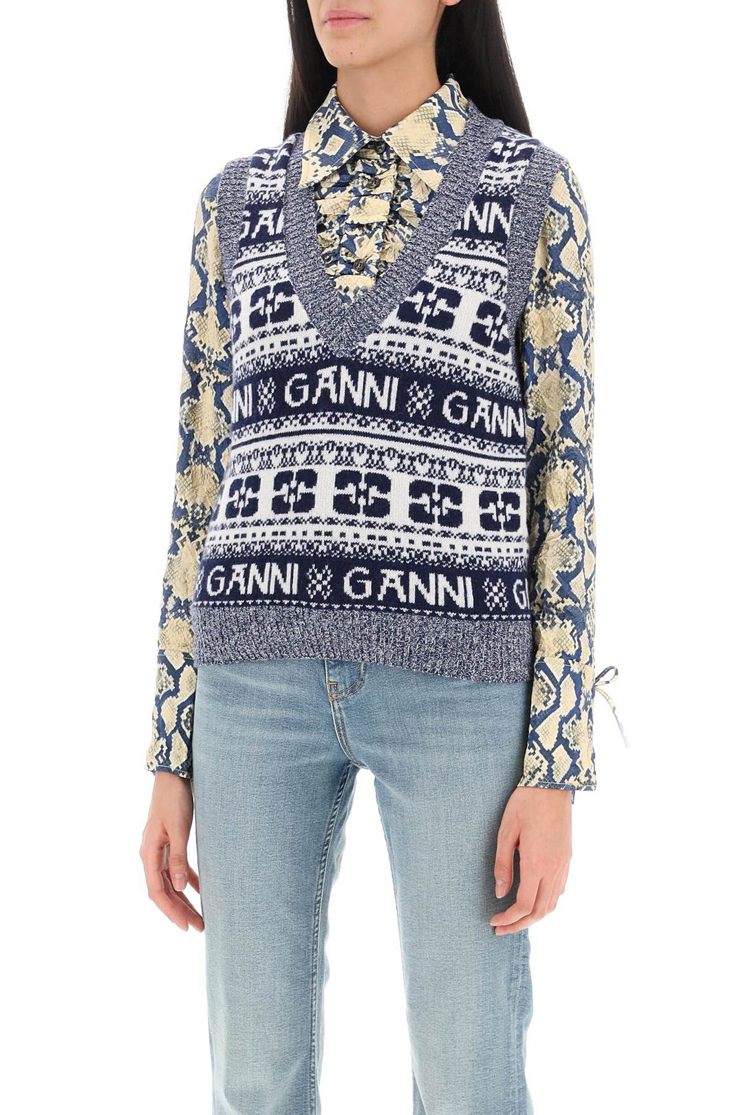 Jacquard Wool Vest With Logo Pattern - Ganni - Women