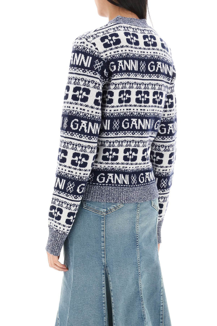 Jacquard Wool Cardigan With Logo Pattern - Ganni - Women