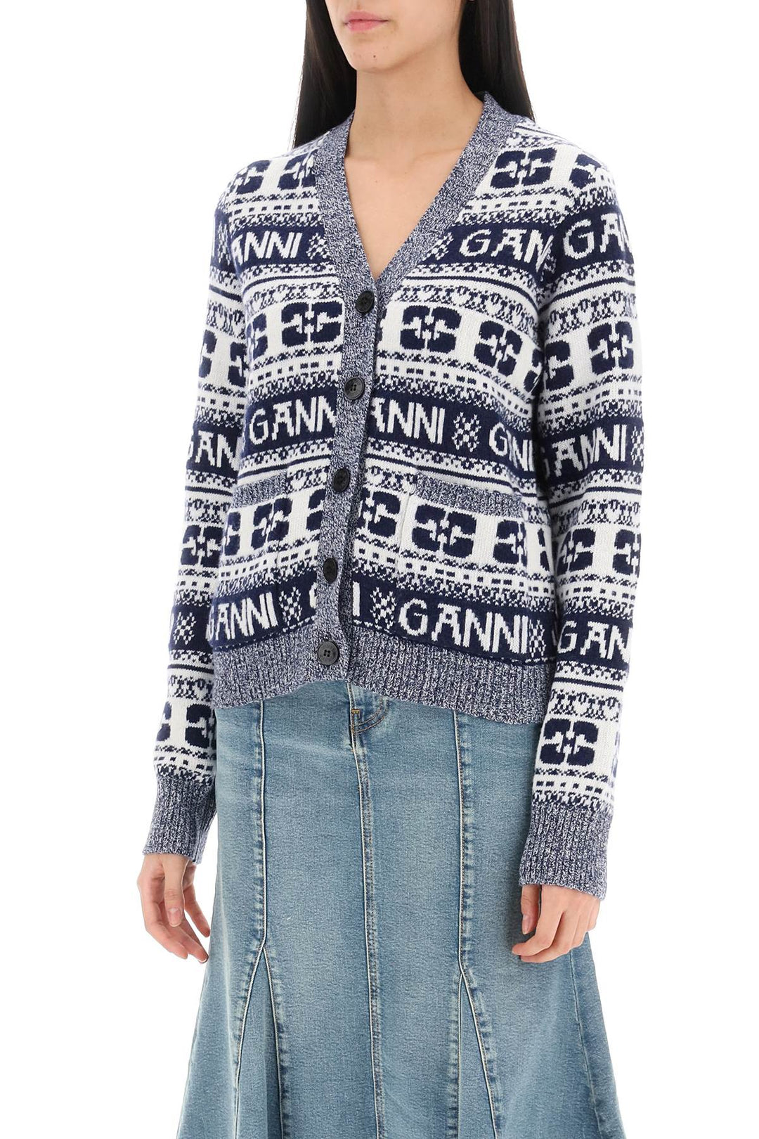 Jacquard Wool Cardigan With Logo Pattern - Ganni - Women