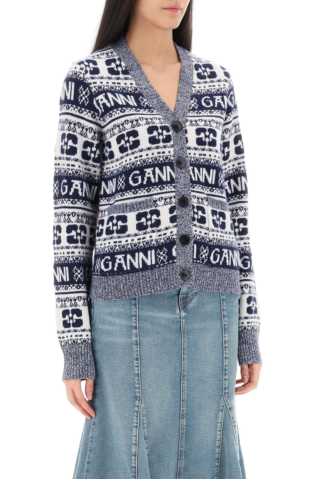 Jacquard Wool Cardigan With Logo Pattern - Ganni - Women