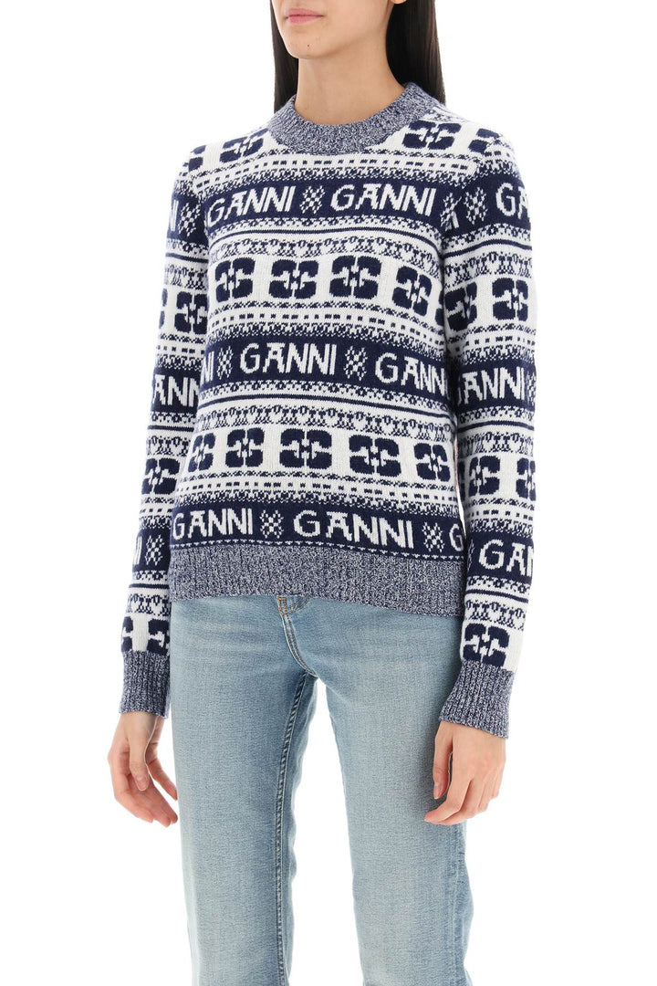 Jacquard Wool Sweater With Logo Pattern - Ganni - Women