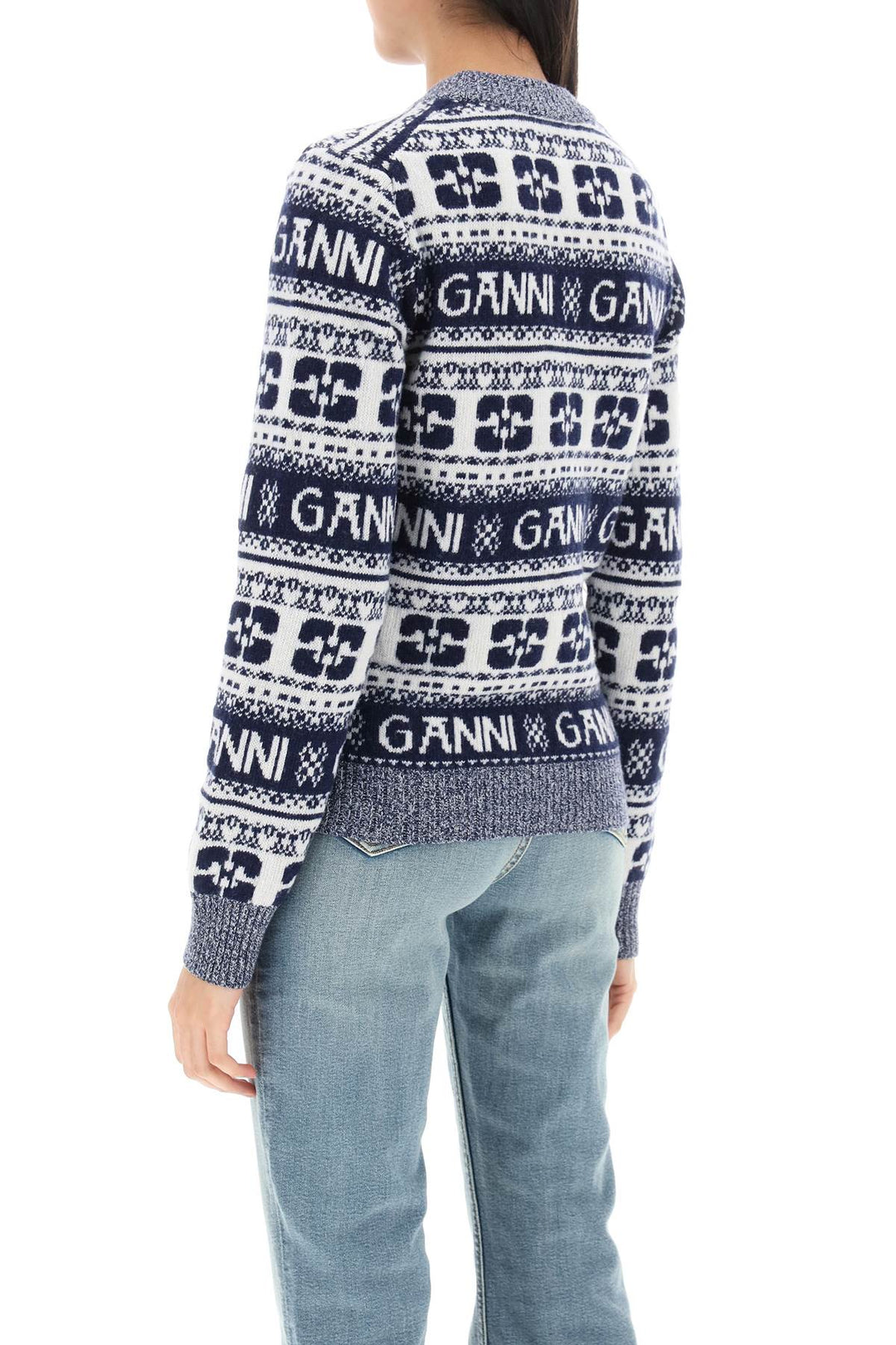 Jacquard Wool Sweater With Logo Pattern - Ganni - Women