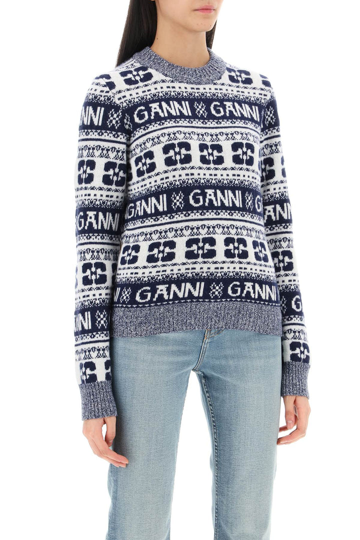 Jacquard Wool Sweater With Logo Pattern - Ganni - Women