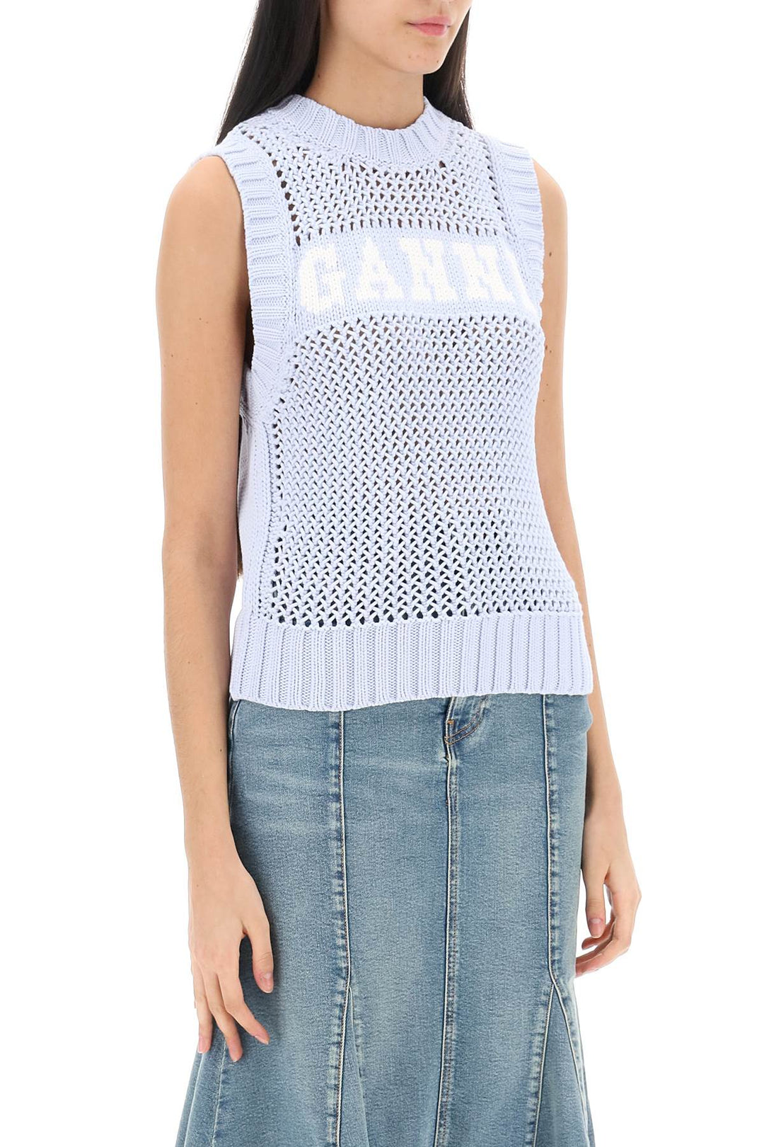 Open Stitch Knitted Vest With Logo - Ganni - Women