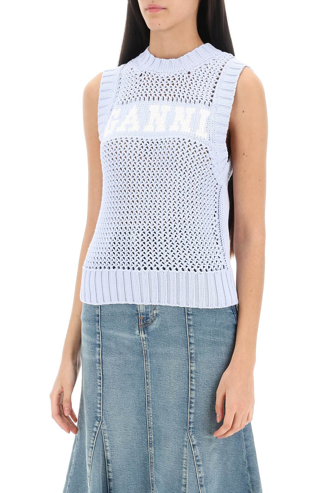 Open Stitch Knitted Vest With Logo - Ganni - Women