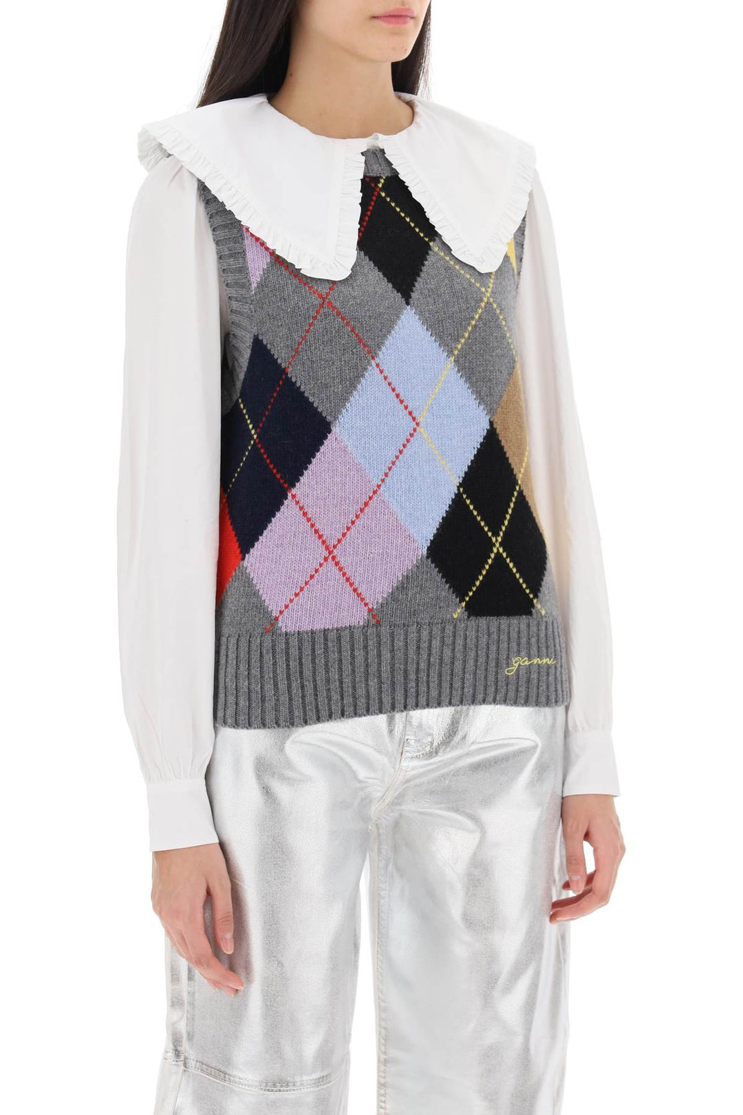 Wool Vest With Argyle Pattern - Ganni - Women