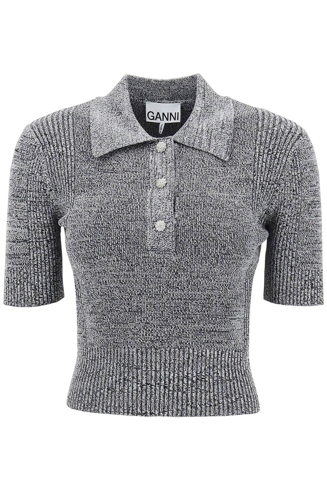 Stretch Knit Polo Top With Jewel Buttons - Ganni - Women