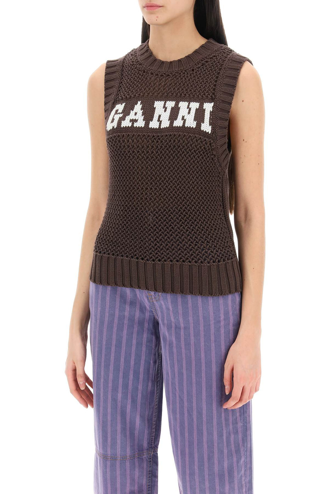 Open Stitch Knitted Vest With Logo - Ganni - Women