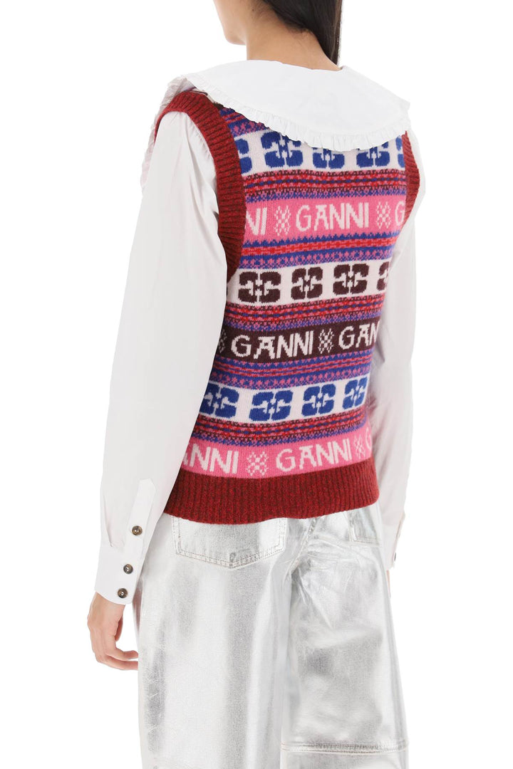 Jacquard Wool Vest With Logo Pattern - Ganni - Women