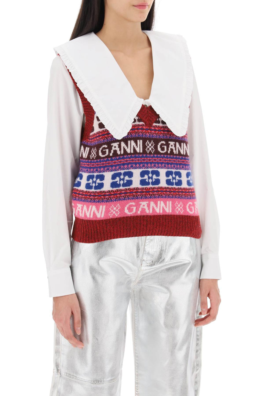 Jacquard Wool Vest With Logo Pattern - Ganni - Women