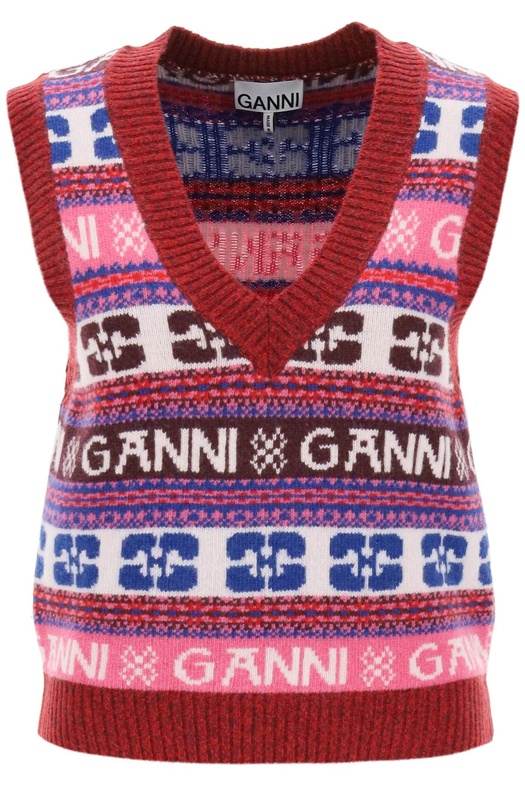 Jacquard Wool Vest With Logo Pattern - Ganni - Women