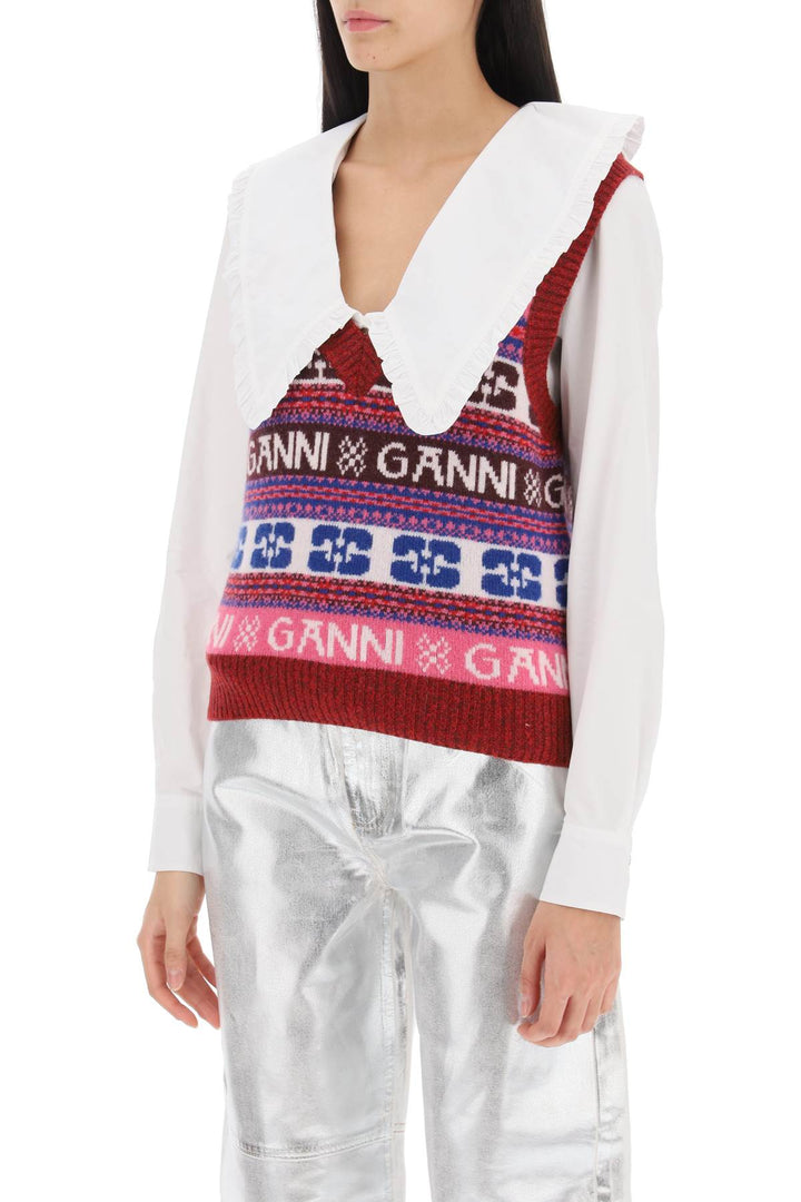 Jacquard Wool Vest With Logo Pattern - Ganni - Women