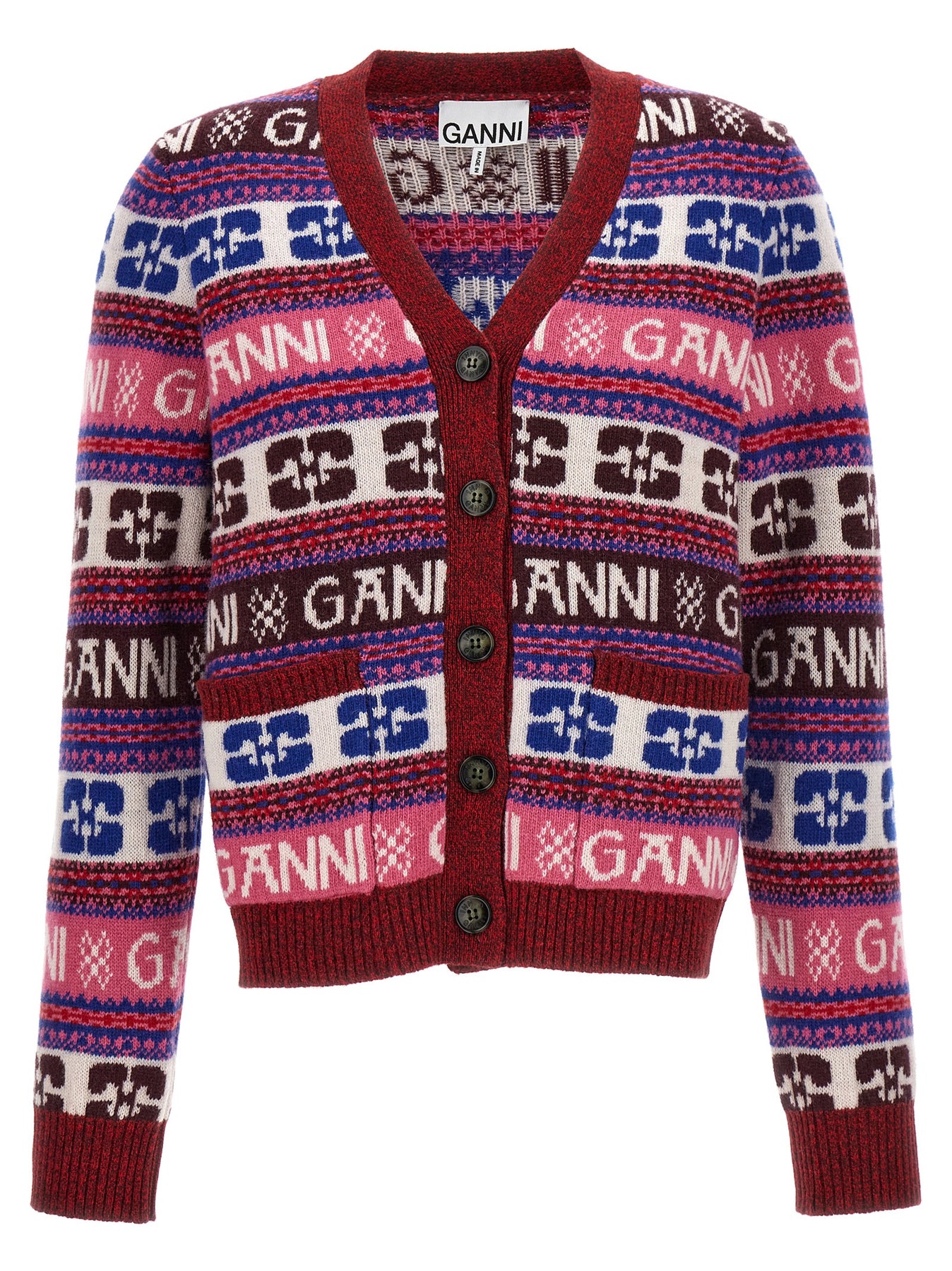 Ganni Logo Intarsia Cardigan Woman Multicolor In Wool In Multicolour