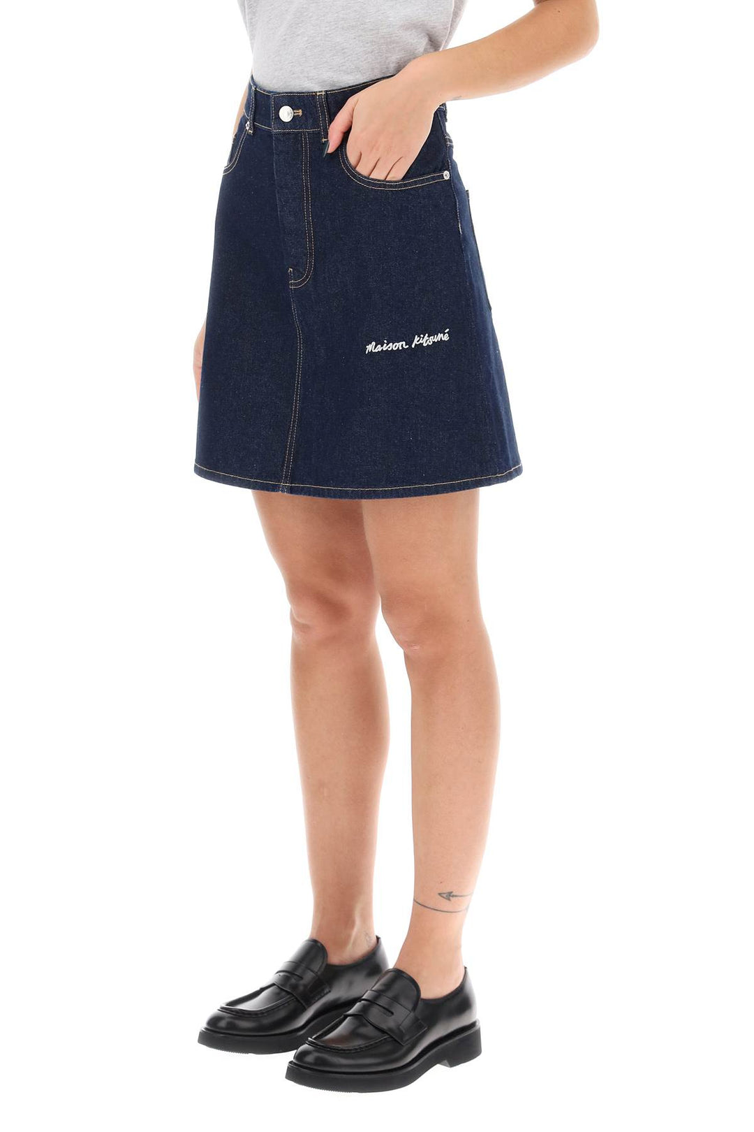 Denim Mini Skirt With Logo Embroidery - Maison Kitsune - Women