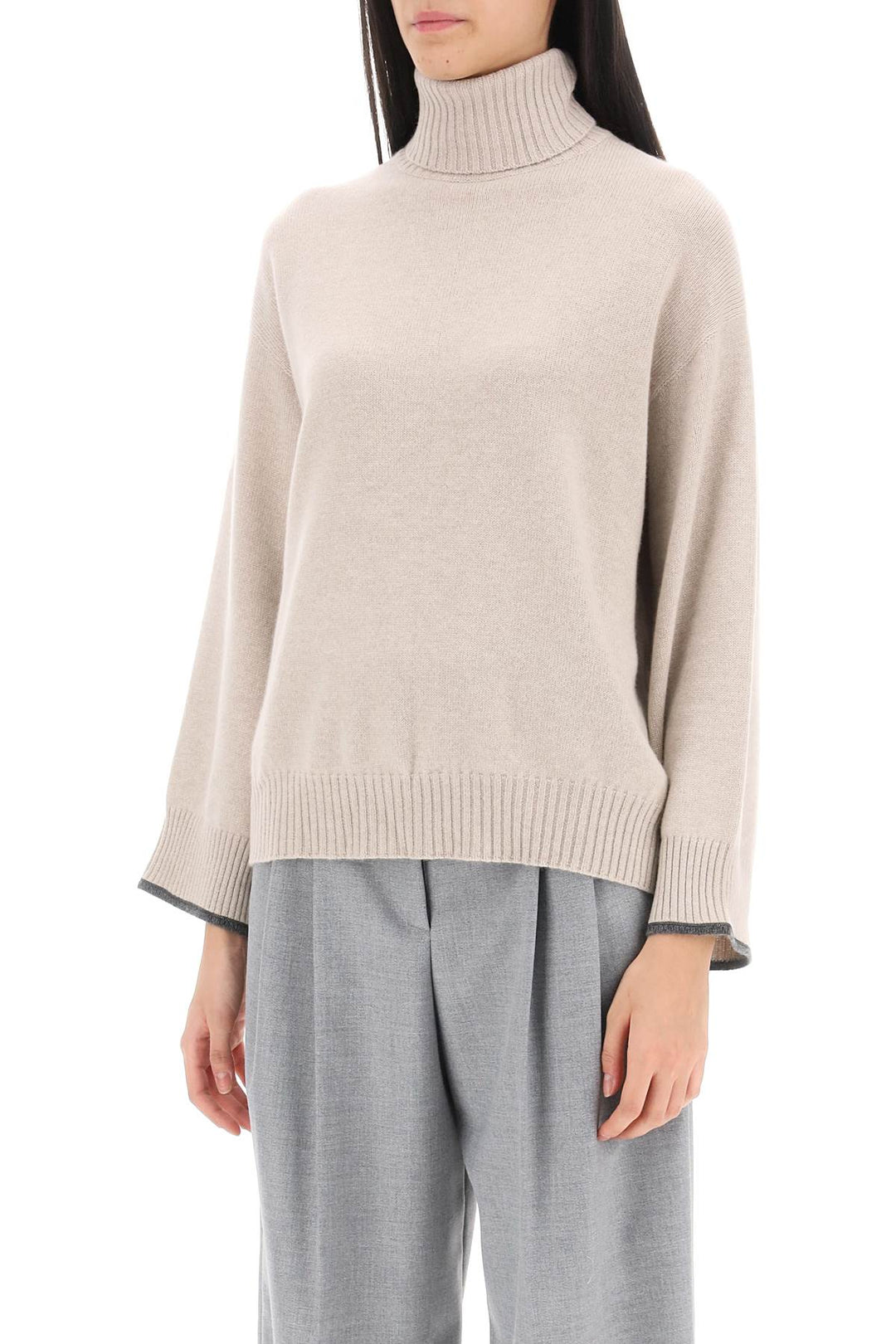 Turtleneck Sweater With Shiny Contrast Cuffs - Brunello Cucinelli - Women