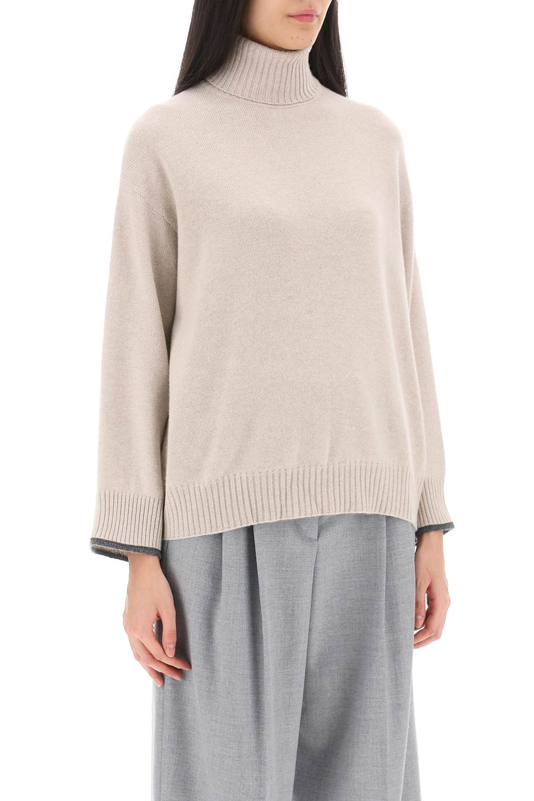 Turtleneck Sweater With Shiny Contrast Cuffs - Brunello Cucinelli - Women