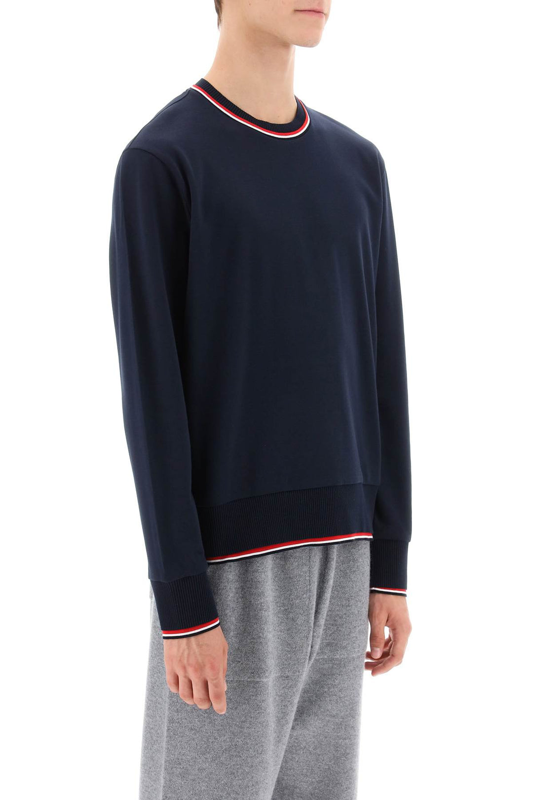 Cotton Sweater With Rwb Stripe Trims - Thom Browne - Men