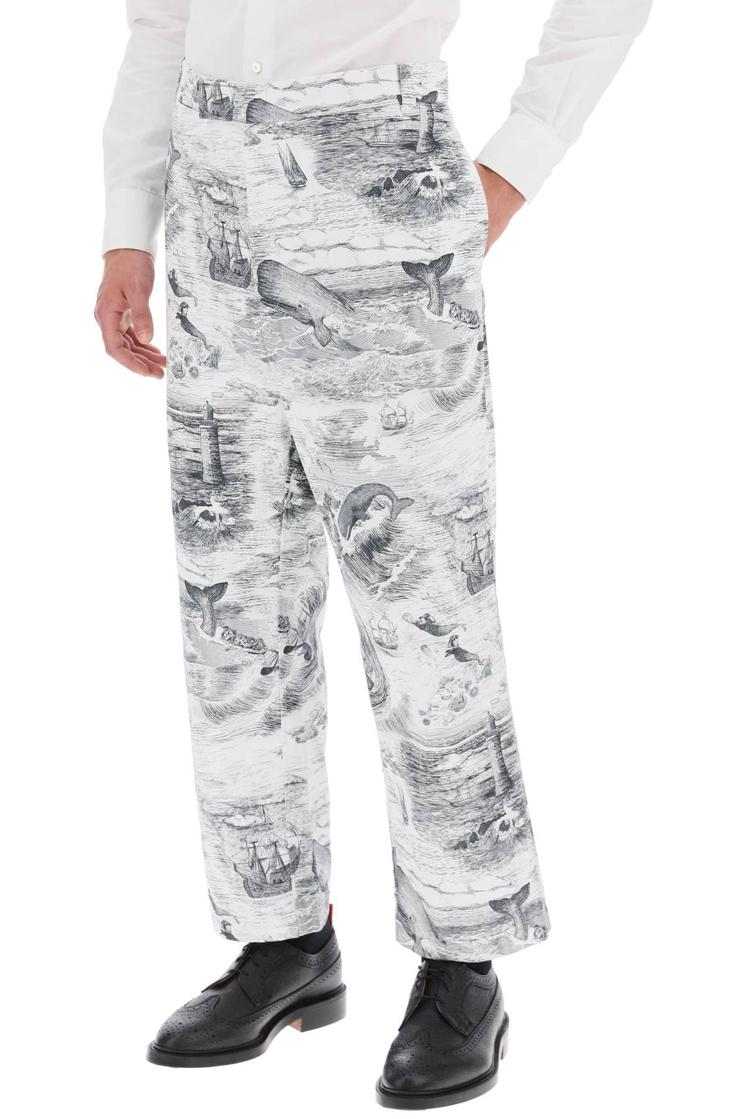 Cropped Pants With 'Nautical Toile' Motif - Thom Browne - Men