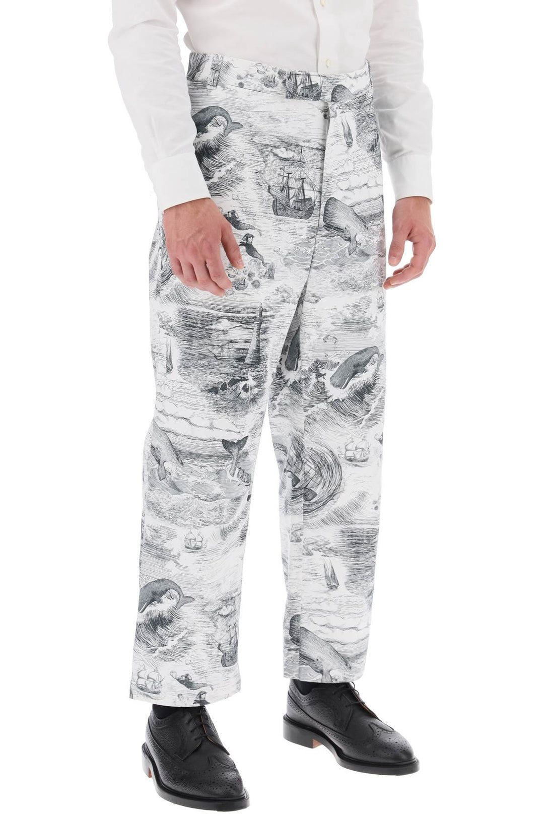 Cropped Pants With 'Nautical Toile' Motif - Thom Browne - Men