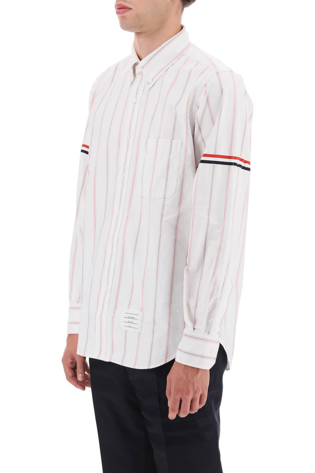 Striped Oxford Button Down Shirt With Armbands - Thom Browne - Men