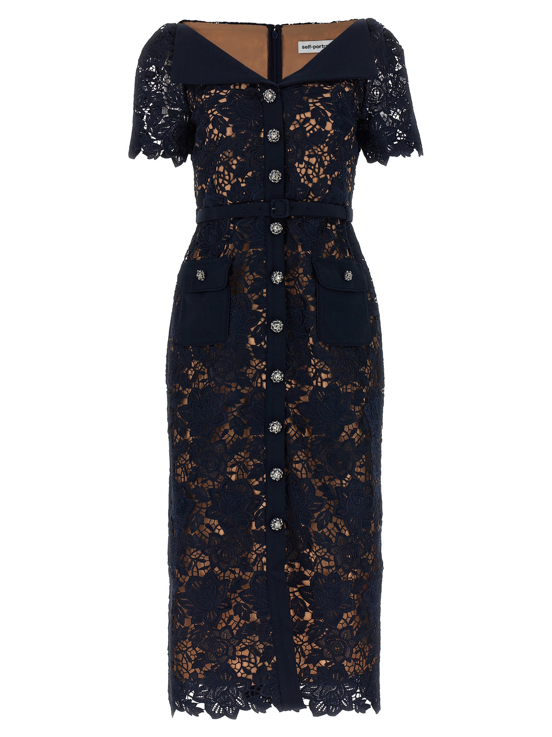 Navy Lace Open Neck Midi Dresses Blue