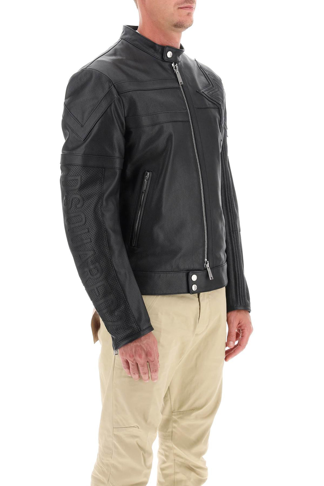 Leather Biker Jacket With Contrasting Lettering - Dsquared2 - Men