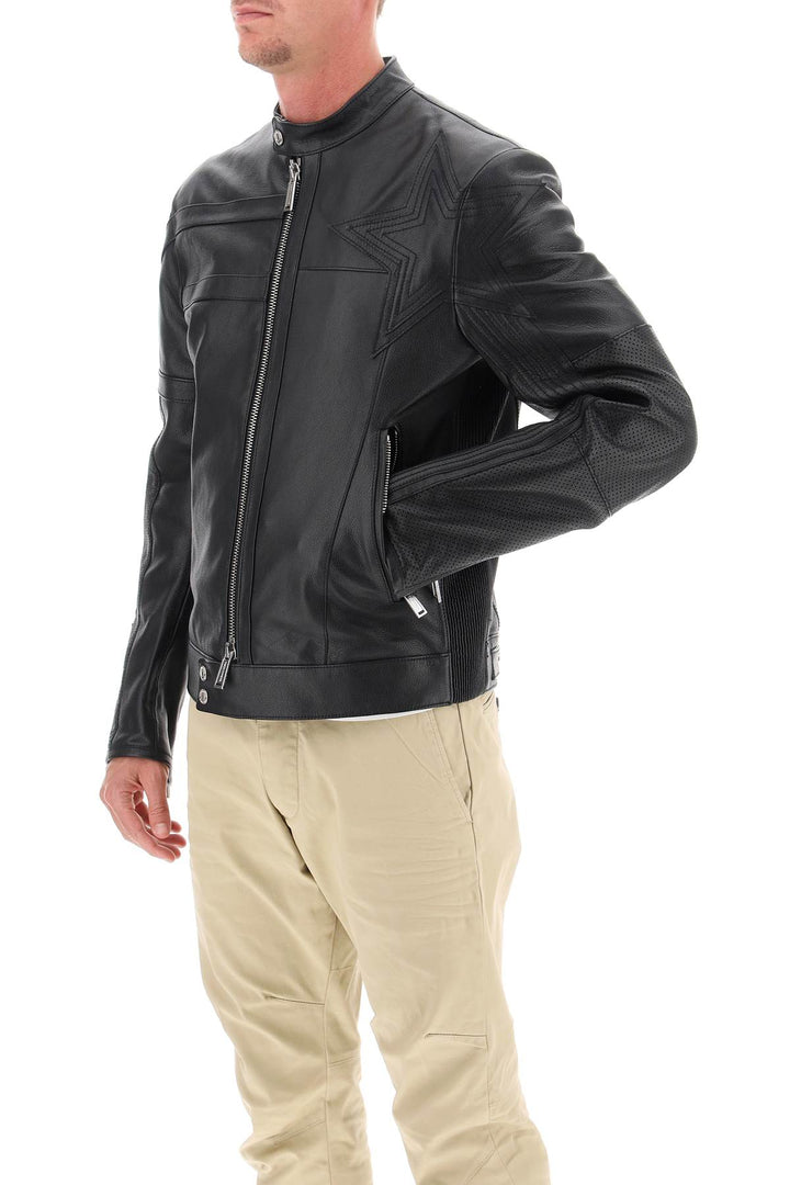 Leather Biker Jacket With Contrasting Lettering - Dsquared2 - Men