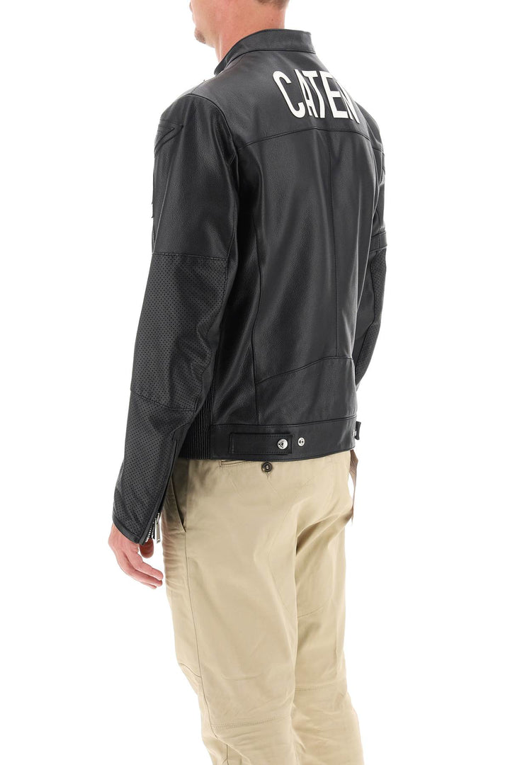 Leather Biker Jacket With Contrasting Lettering - Dsquared2 - Men