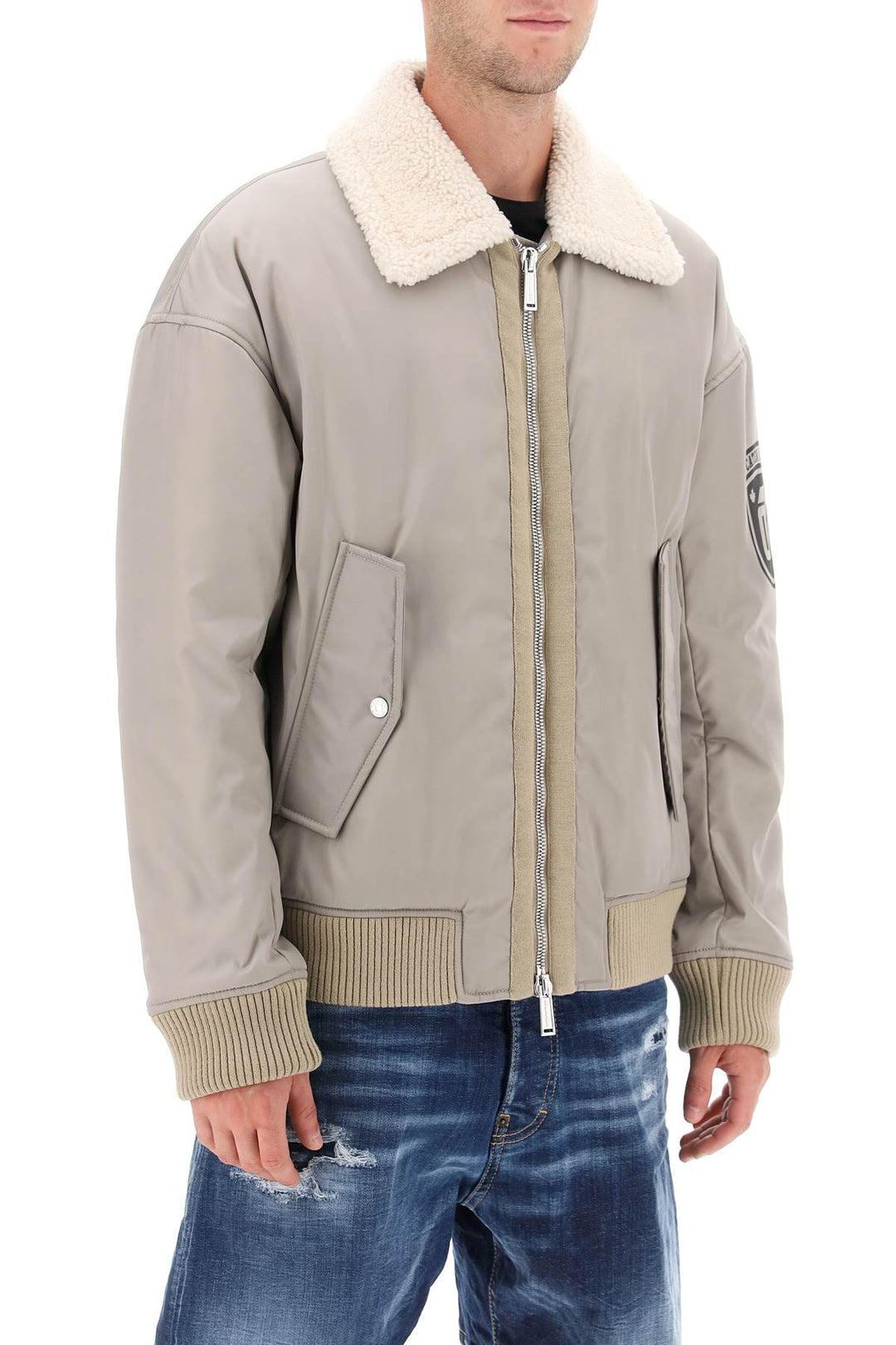 Padded Bomber Jacket With Collar In Lamb Fur - Dsquared2 - Men