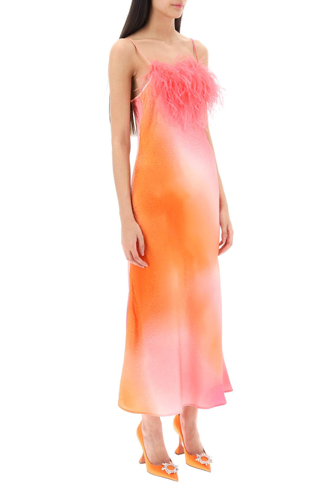 'Ella' Maxi Slip Dress In Jacquard Satin With Feathers - Art Dealer - Women