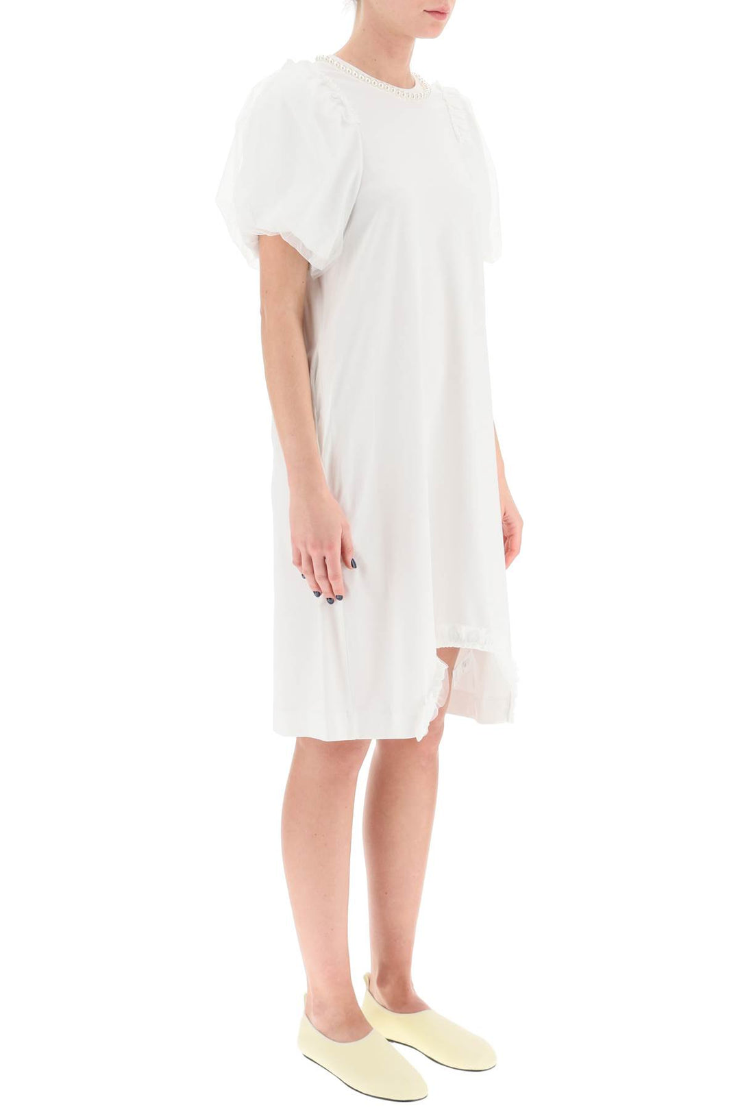 Cotton Dress With Tulle Sleeves And Pearls - Simone Rocha - Women